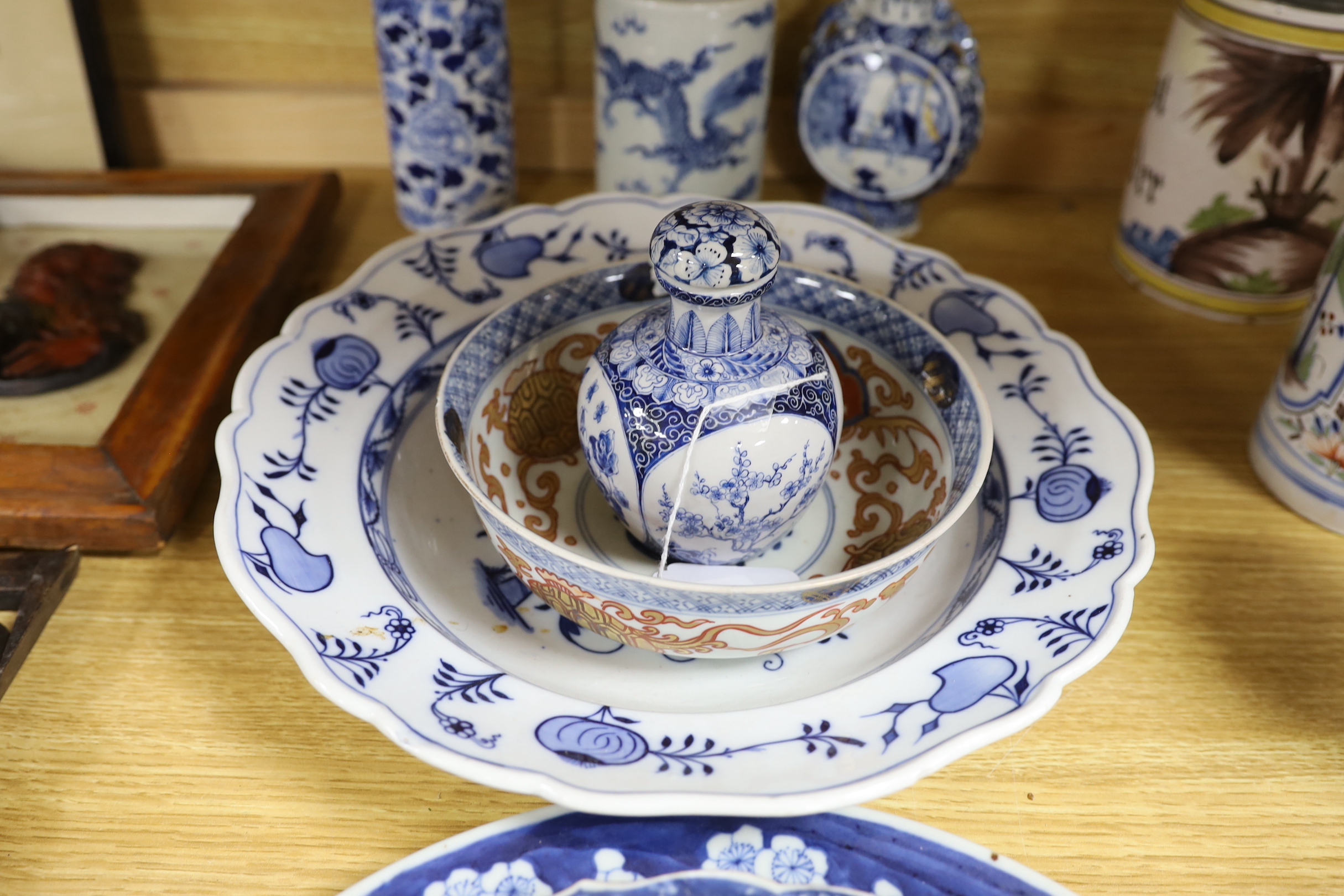 A Meissen style onion-pattern dish, Chinese ceramics and three Delft tiles